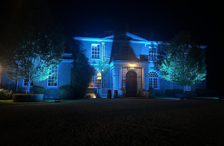 Hartpury House Lit Up Blue